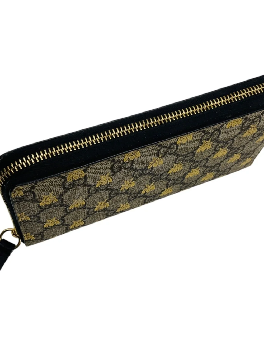 GUCCI BEIGE / GOLD METALLIC GG SUPREME BEES ZIP AROUND WALLET - Picture 5 of 8